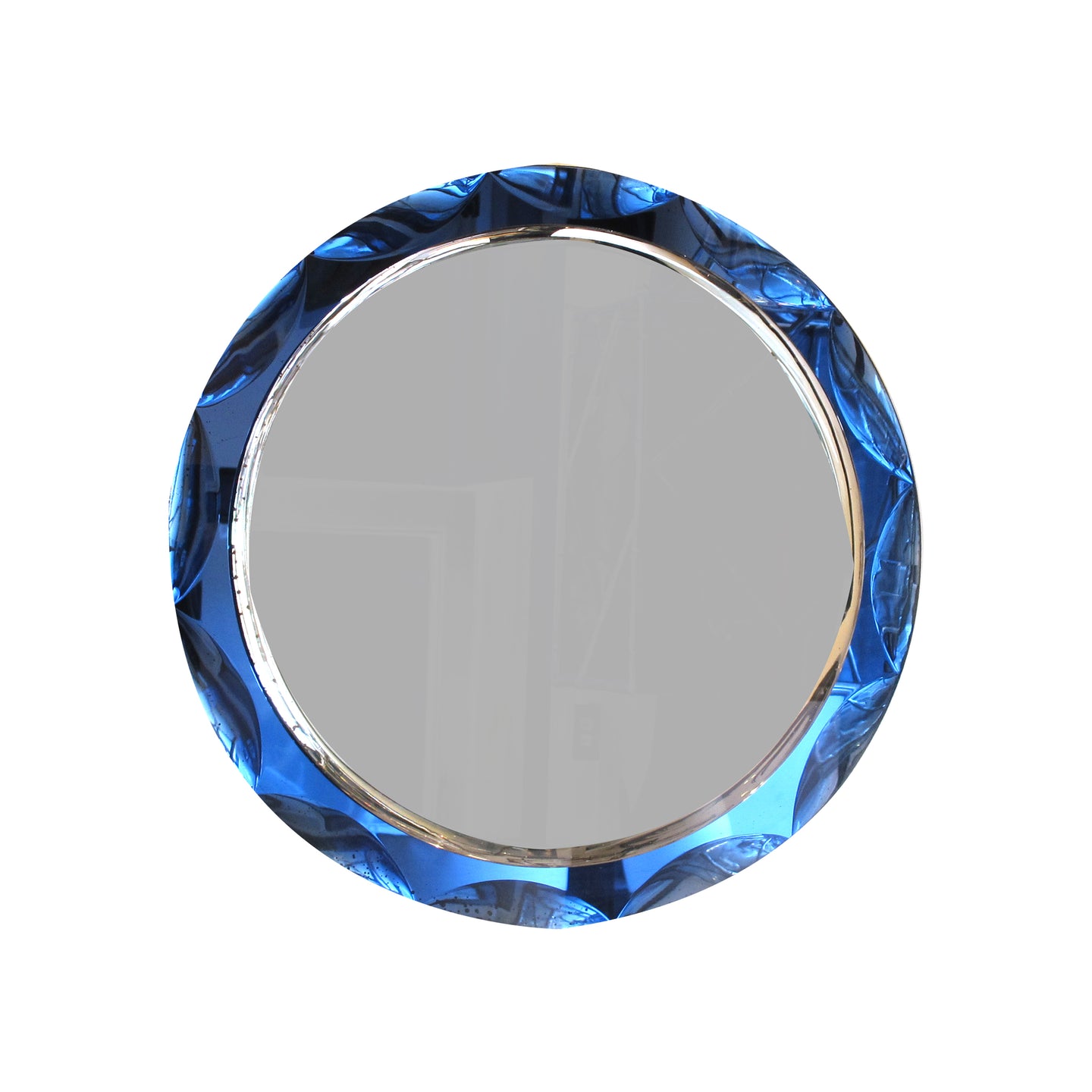1960 Round Mirror With a Large Bevelled Deep Blue Frame, Italian
