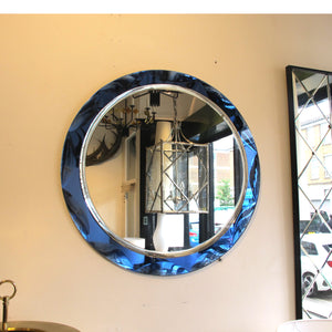 1960 Round Mirror With a Large Bevelled Deep Blue Frame, Italian