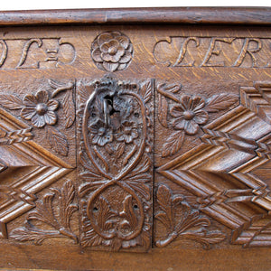 Early 18th Century Large Marriage Oak Trunk With a Vaulted Lid and Carvings, German