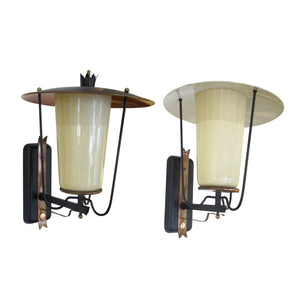1950s Pair of French Wall Mount Lanterns with opaque coloured glass