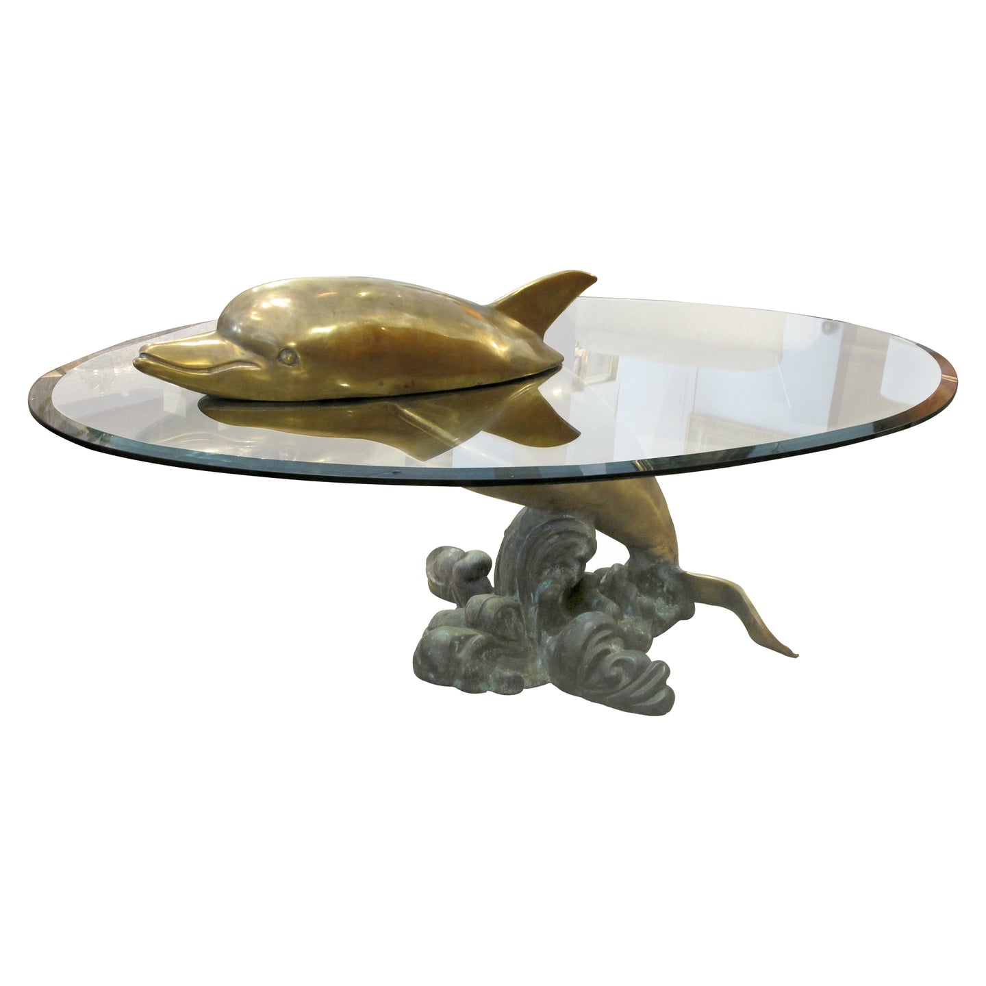 1960s French Brass Coffee Table in the shape of a Dolphin with an Oval Glass Top