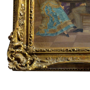 1877 Oil Painting of a Scene in a Grand Hall with a Gilt Gesso and Wood frame, French