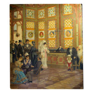1877 Oil Painting of a Scene in a Grand Hall with a Gilt Gesso and Wood frame, French