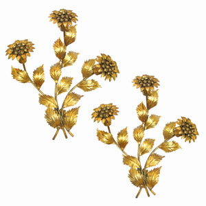 1970s Pair of Gilt Toleware Floral Wall Lights by Hans Kögl, German