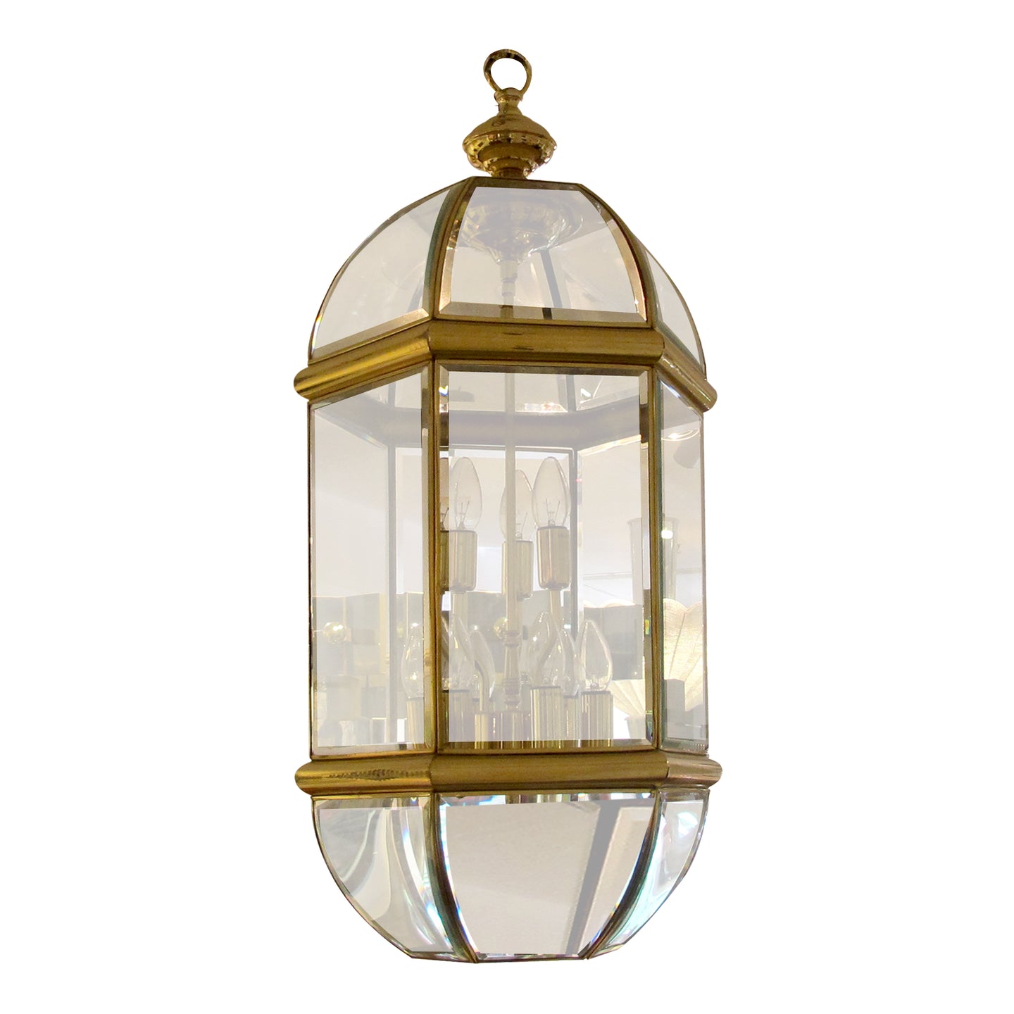1970s Tall Hexagonal Brass and Curved Bevelled Glass Lantern, Swedish