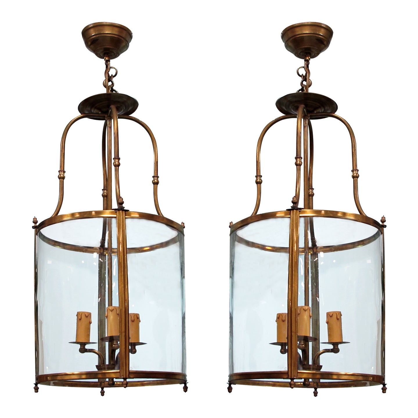 Late 19th Century Pair of Neoclassical Style Curved Glass Brass Lanterns, French