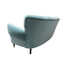 Load image into Gallery viewer, Scandinavian retro sofa upholstered in a blue velvet fabric

