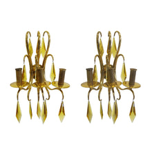 Load image into Gallery viewer, A pair of amber crystal wall lights
