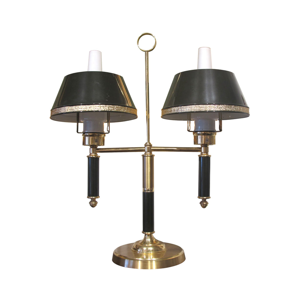 A 1970's single table lamp with the double green metal and glass shades