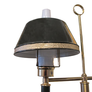 A 1970's single table lamp with the double green metal and glass shades