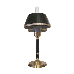 A 1970's single table lamp with the double green metal and glass shades