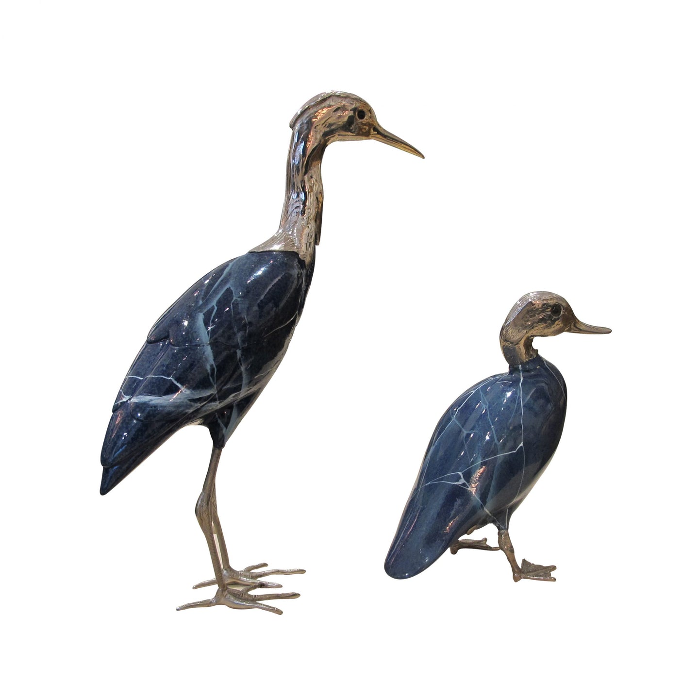 A 1970’s Heron and Duck ceramic figures with silver plated heads