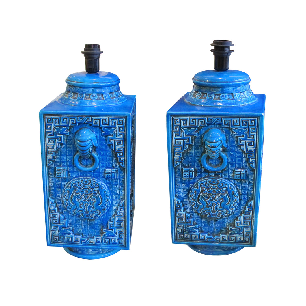 Pair of blue ceramic table lamps