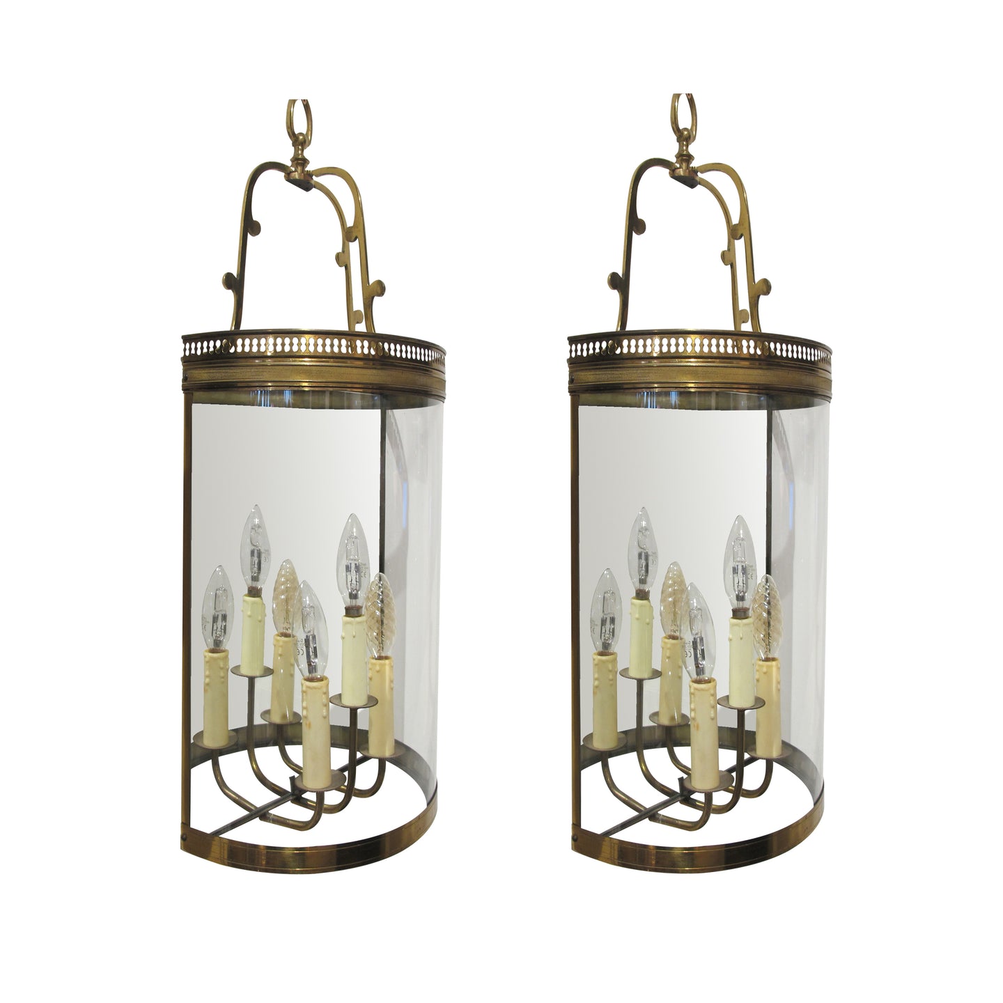 1950's Pair of brass and curved glass lanterns, French