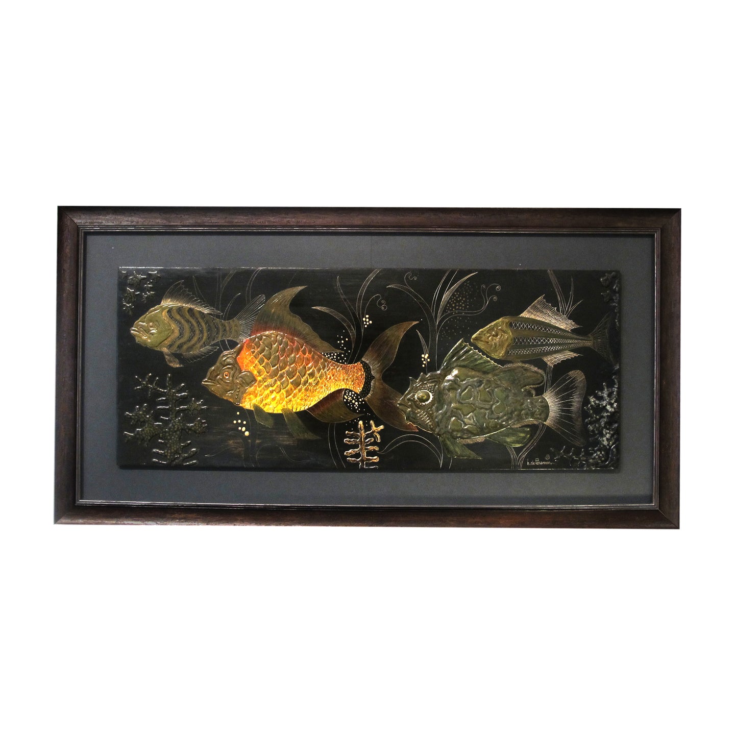 A painted wall plaster relief of fish under water by H. De Penanros