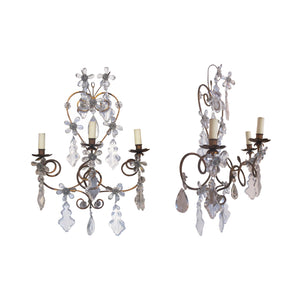 A pair of 1920's wrought iron and glass pampilles wall light, French