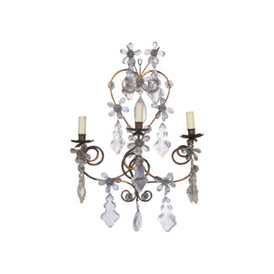 A pair of 1920's wrought iron and glass pampilles wall light, French