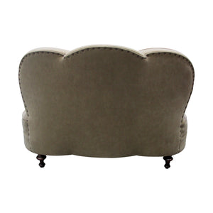 1940s English two-seater love seat with round back, newly upholstered