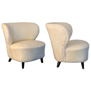 1940s Finnish pair of wingback lounge chairs, in lamb skin fabric