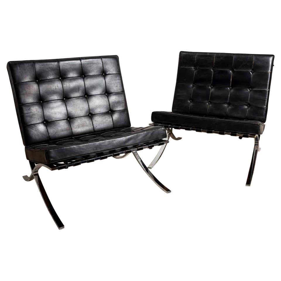 Pair of 1950s Chrome and Black Leather Barcelona Chairs
