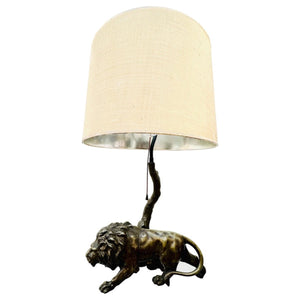 1910 Antique Spelter Prowling Lion Table Lamp inc Shade