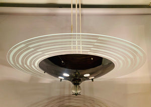 1950s Art Deco Chrome & Glass Saturn Ring Chandelier