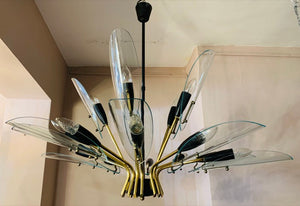 1950s Italian Brass and Glass Leaves Chandelier