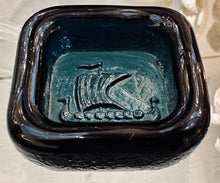 Load image into Gallery viewer, 1960s Swedish Kosta Boda Teal Glass Viking Ship Dish
