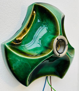 1970s German Hustadt Glazed Ceramic Green Fat Lava Wall Sconce