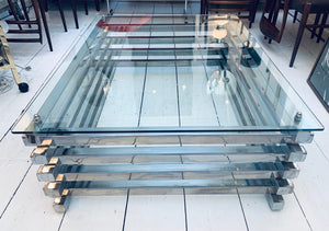 1970s Italian Stacked Rectangular Chrome & Glass Coffee Table