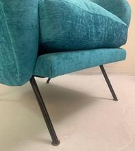 1950's Pair of Italian Turquoise Armchairs. New velvet upholstery