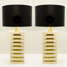 Load image into Gallery viewer, Pair of Tall Travertine Lamps with Black Lampshades
