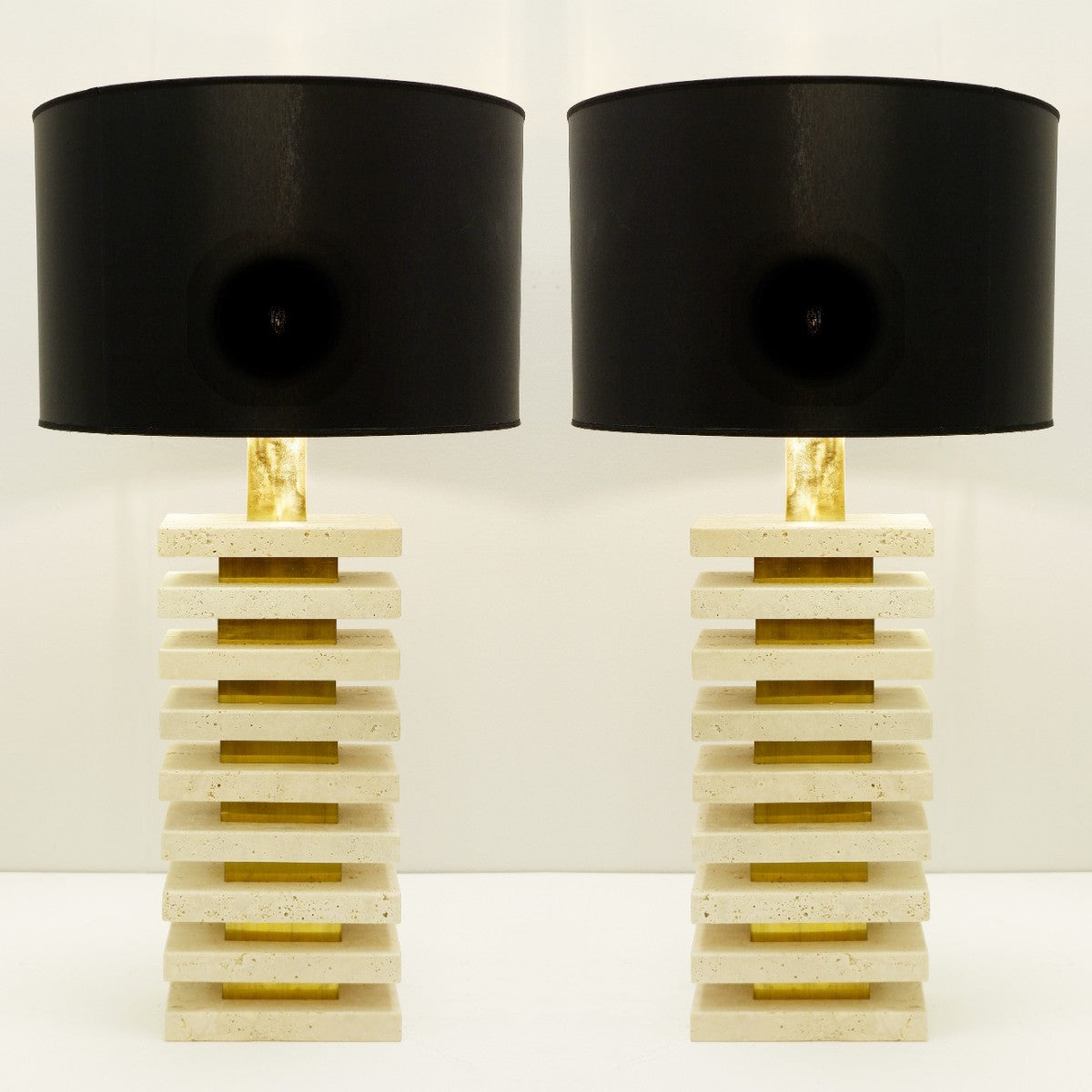 Pair of Tall Travertine Lamps with Black Lampshades